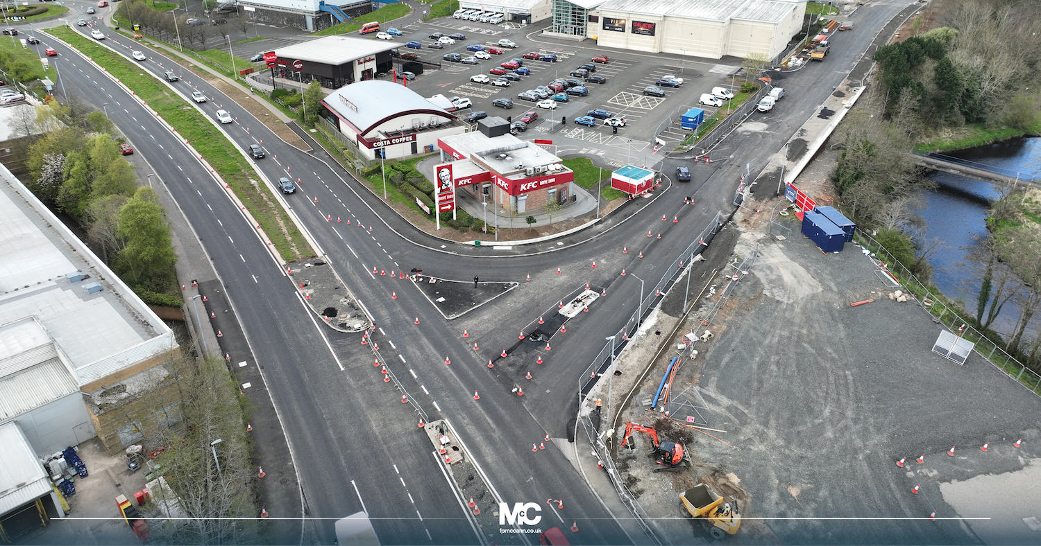 Aerial view of junction of the new road
                          with A26 Larne Road Link
