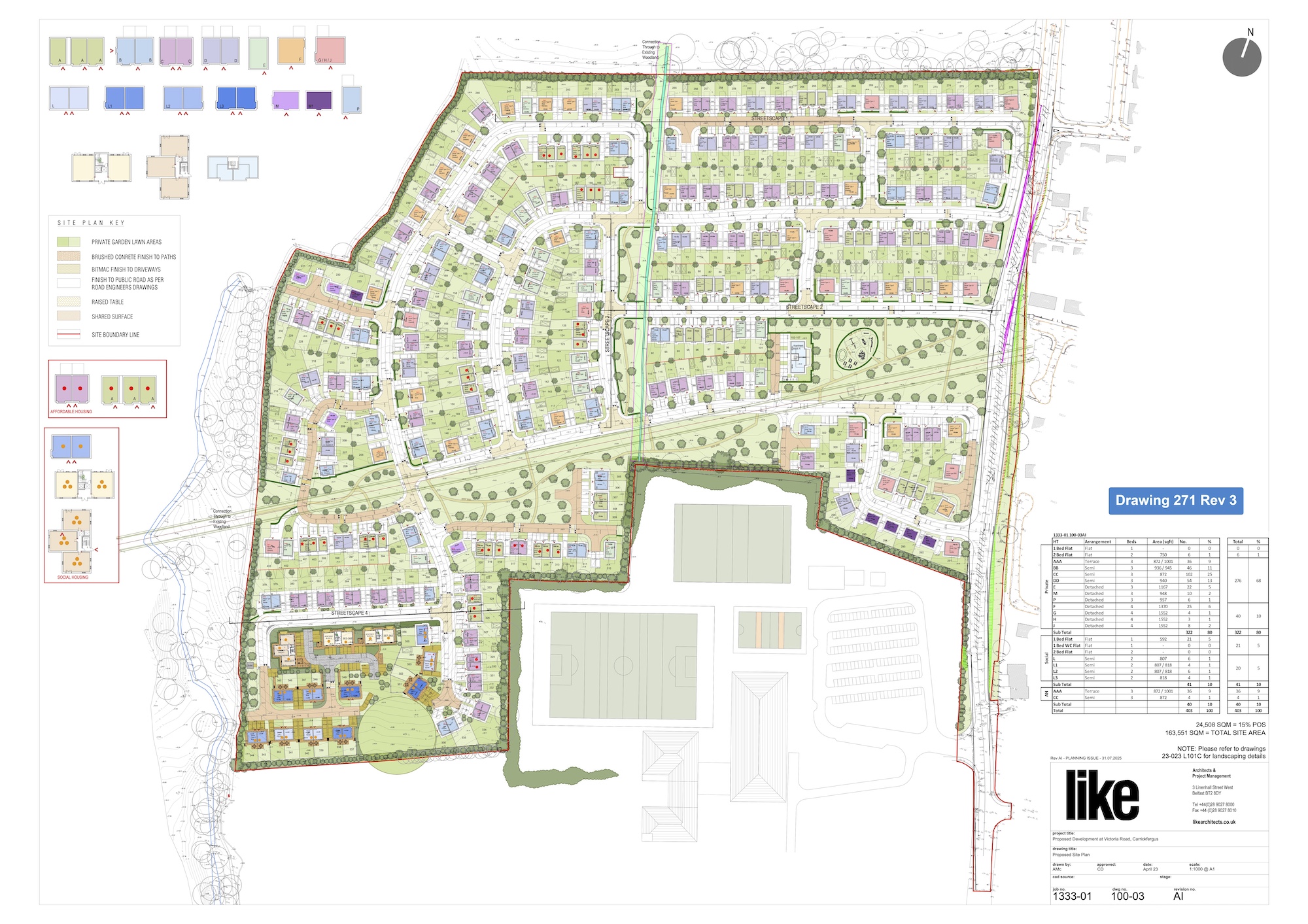 Architects
plan of the development which is largely
rectangular, Victoria College on the bottom
right edge, and a new 2-lane road shown
running top-bottom on the right.