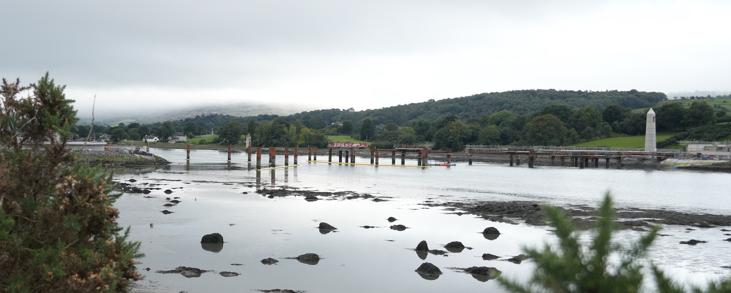 Wide angle view of the river with
                          concrete abutments on left and right, and a
                          series of metal posts and frames in the
                          river.