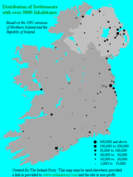 Distribution of towns in Ireland: Map [9kB]